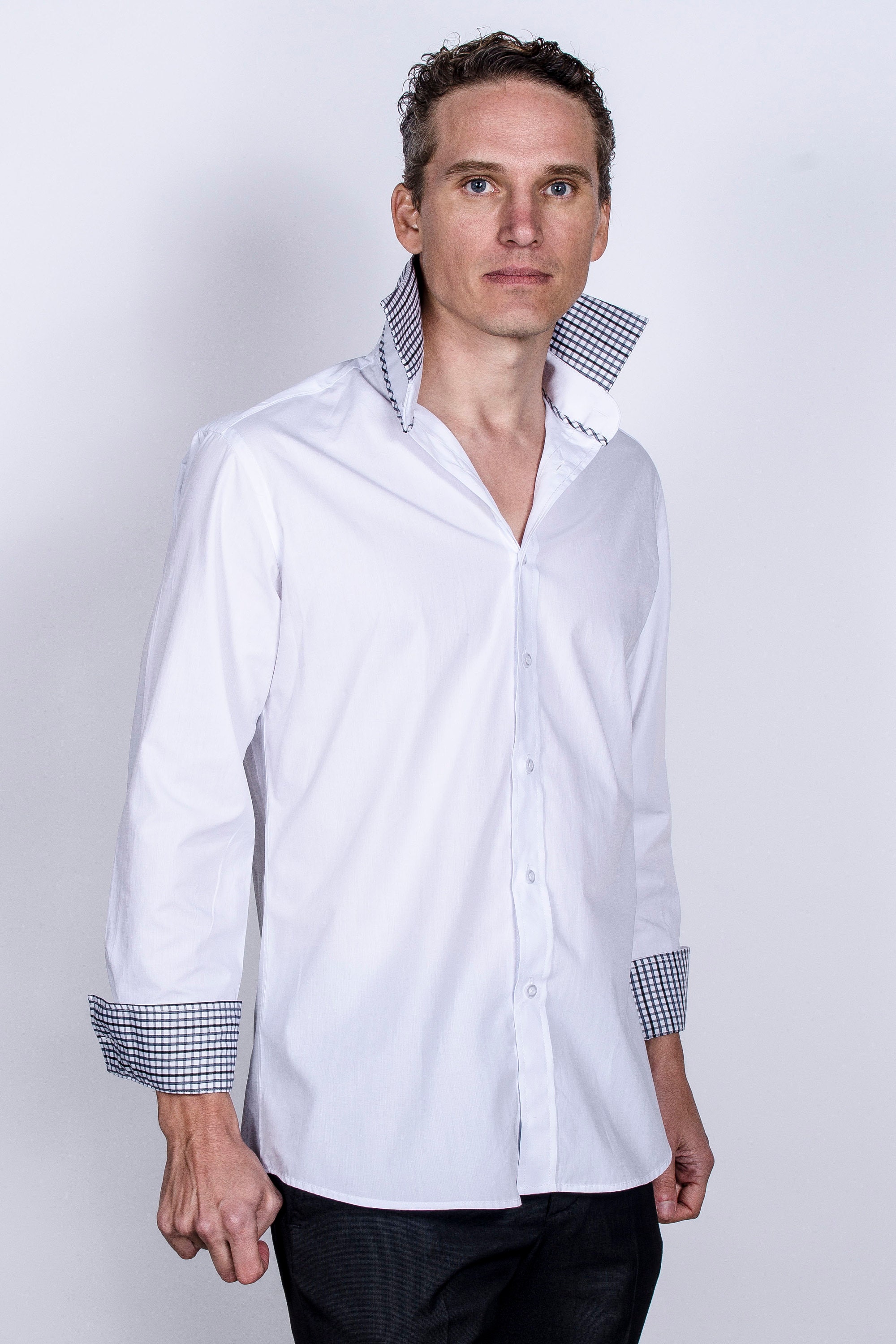 KOVROS white dress shirt with plaid OnCollar collar cover and cuffs